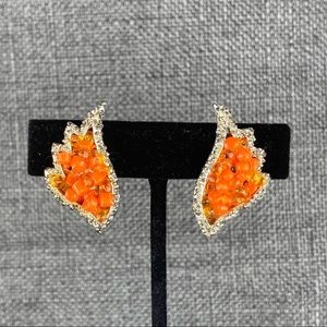 Vintage Beaded Orange Flame W/ Silver Clip Earring